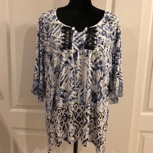 Blue and white blouse.